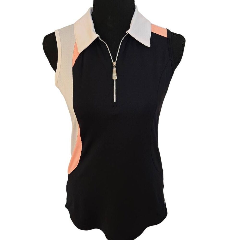 Bette & Court Womens Sleeveless 1/4 Zip Performance Golf Top Black Peach Small